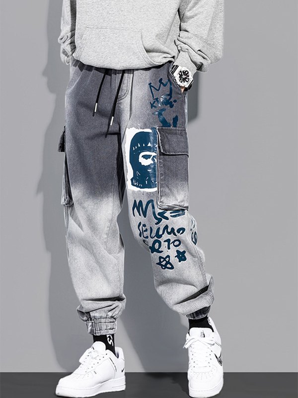 Emmiol Free shipping 2023 Men's Bleached Printed Jogger Jeans Gray L in