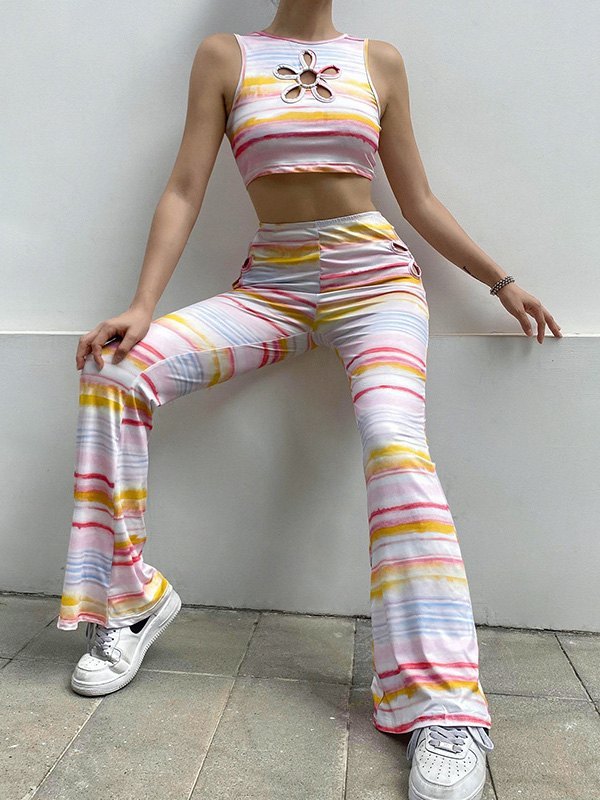 EMMIOL Cutout Flower Flare Leg Pants Set