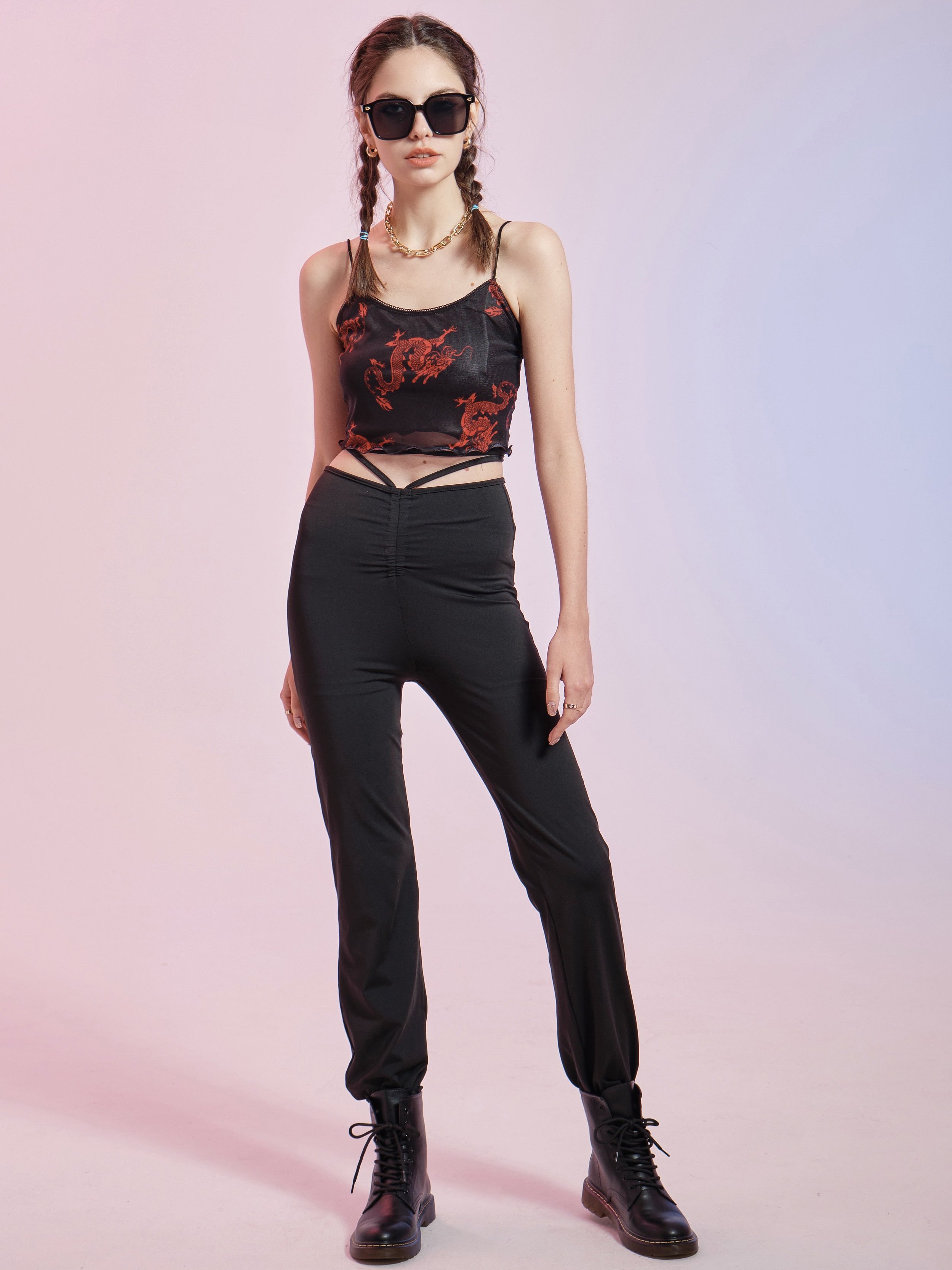 EMMIOL Mesh Dragon Print Crop Cami Top