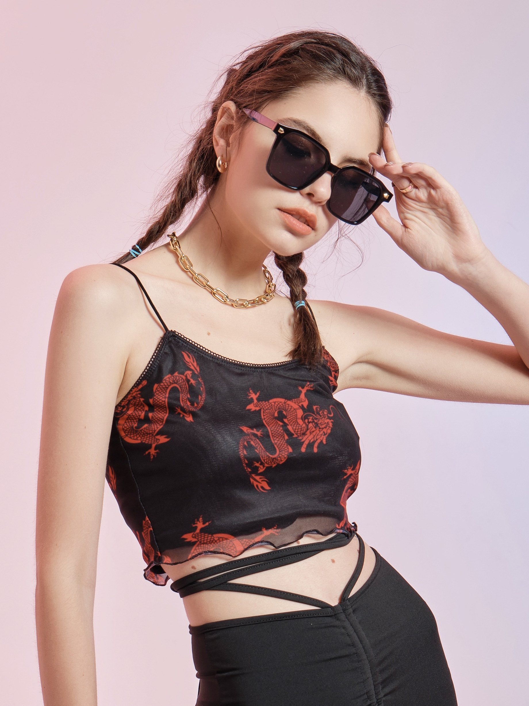 EMMIOL Mesh Dragon Print Crop Cami Top