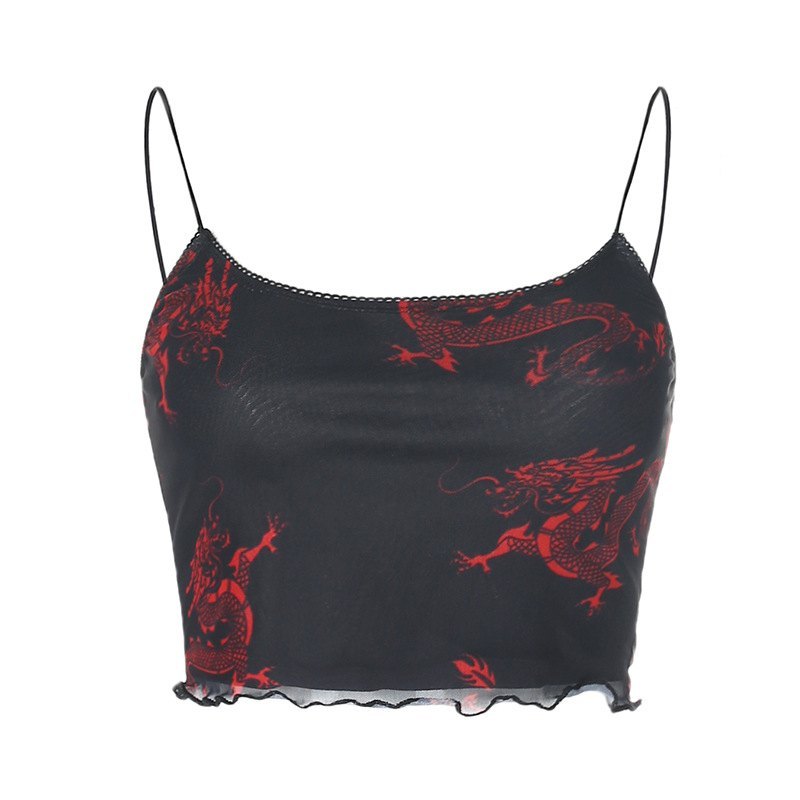 EMMIOL Mesh Dragon Print Crop Cami Top