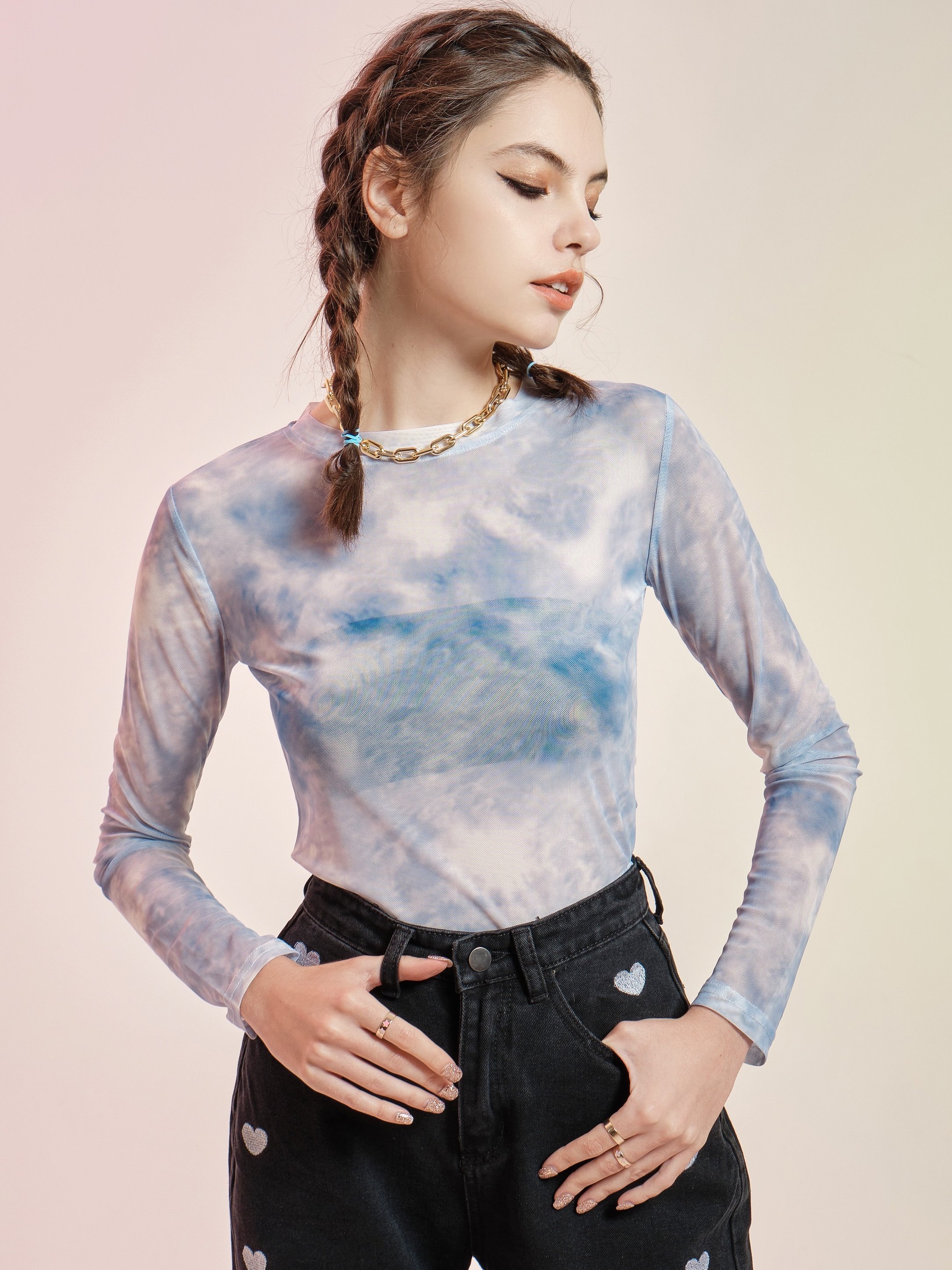 Emmiol Free shipping 2025 Semi-Sheer Tie Dye Long Sleeve Tee