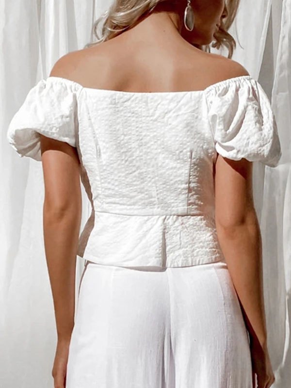 EMMIOL Lace-Up Puff Sleeve Crop Blouse