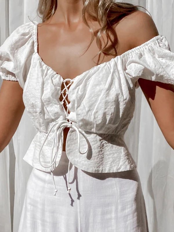 EMMIOL Lace-Up Puff Sleeve Crop Blouse
