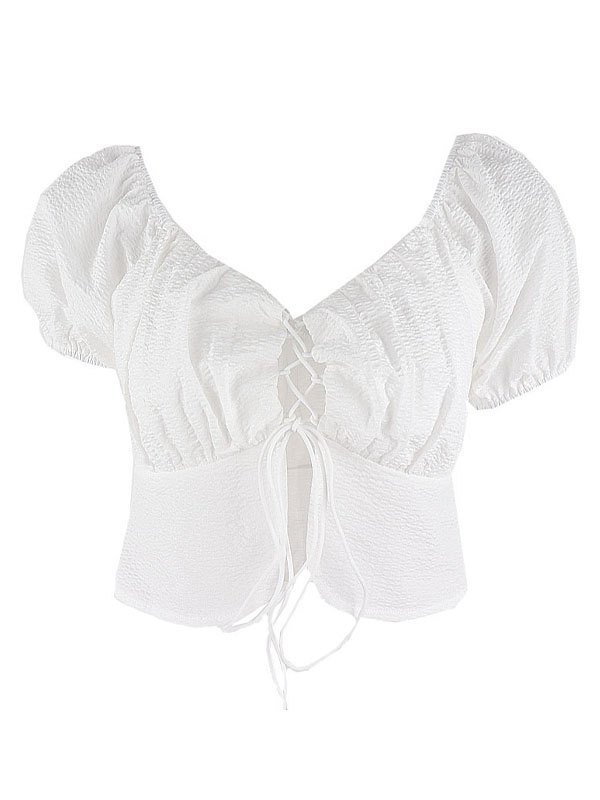 EMMIOL Lace-Up Puff Sleeve Crop Blouse