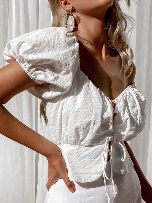 EMMIOL Lace-Up Puff Sleeve Crop Blouse