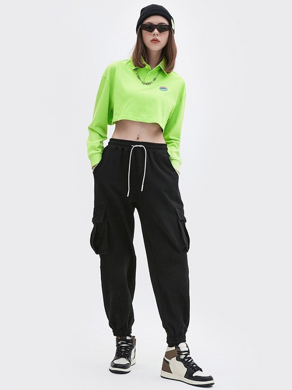 EMMIOL Einfaches Langarm-Polo-Crop-Top