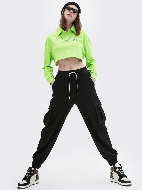 EMMIOL Einfaches Langarm-Polo-Crop-Top