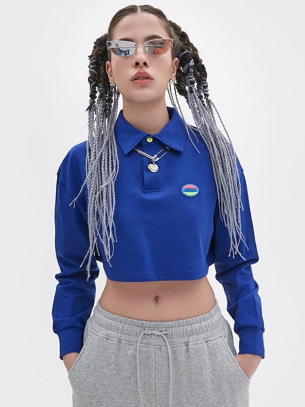 EMMIOL Einfaches Langarm-Polo-Crop-Top