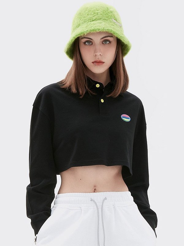 EMMIOL Einfaches Langarm-Polo-Crop-Top