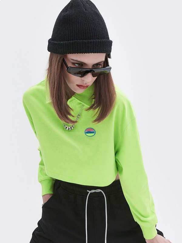 EMMIOL Einfaches Langarm-Polo-Crop-Top