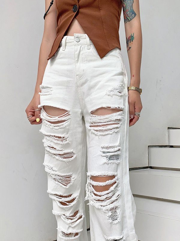 Pantaloni Bianchi Pantaloni Strappati Davanti Emmiol Spedizione