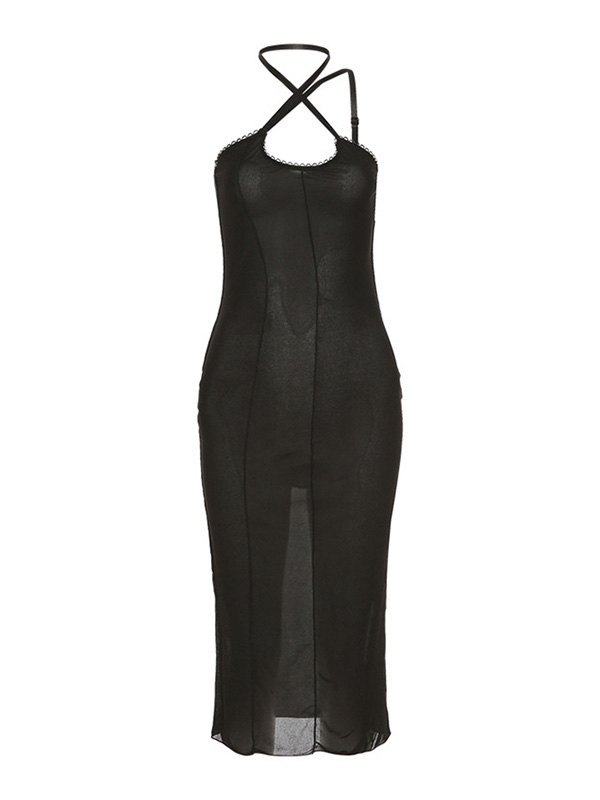EMMIOL Cross Over Halter Mesh Maxi Dress