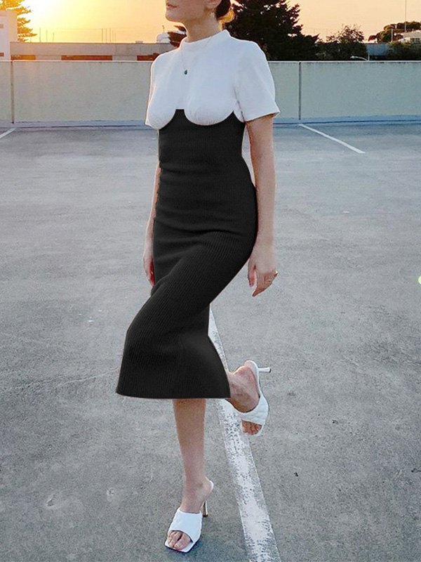 EMMIOL Patchwork Knit Short Sleeve Maxi Dress