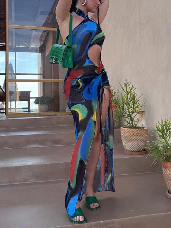 EMMIOL Cutout Slit Halter Mesh Maxi Dress