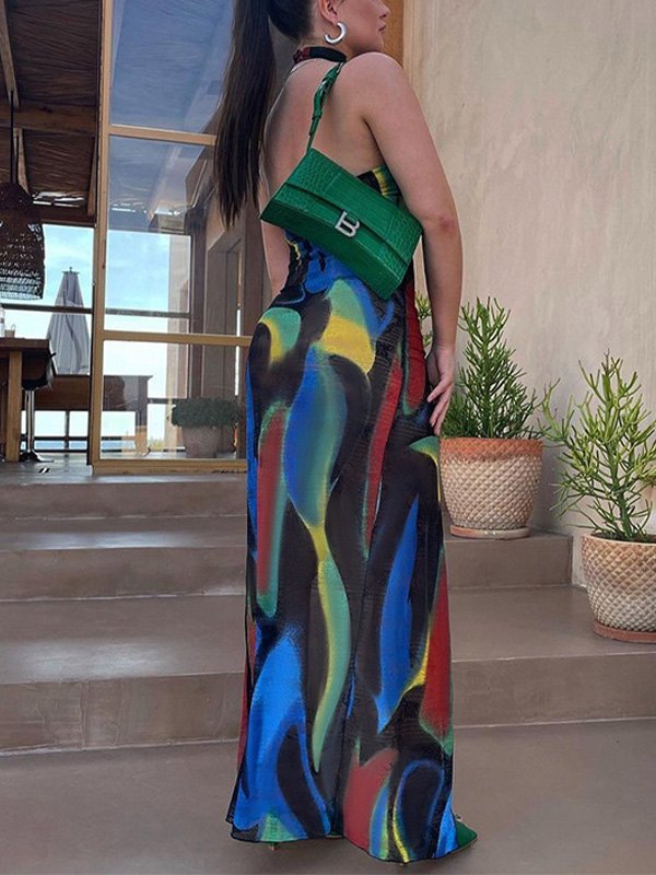 EMMIOL Cutout Slit Halter Mesh Maxi Dress