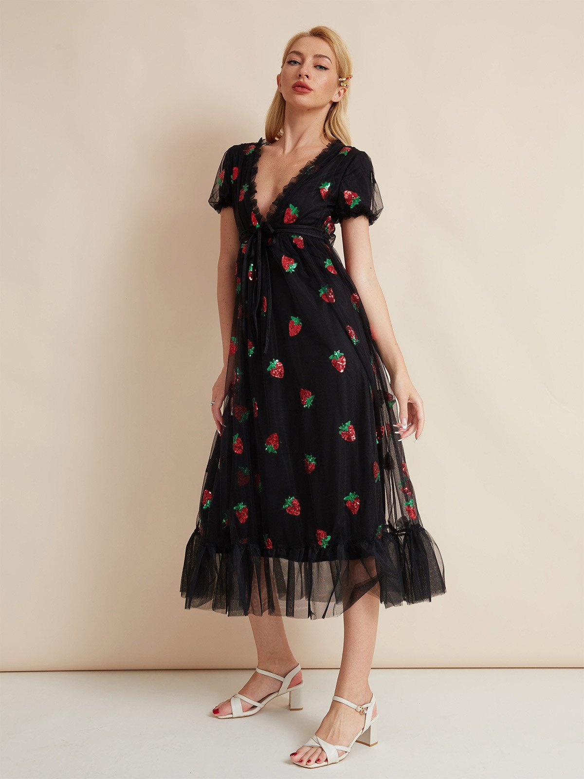 EMMIOL Sequined Strawberry Mesh Pleated Maxi Dress