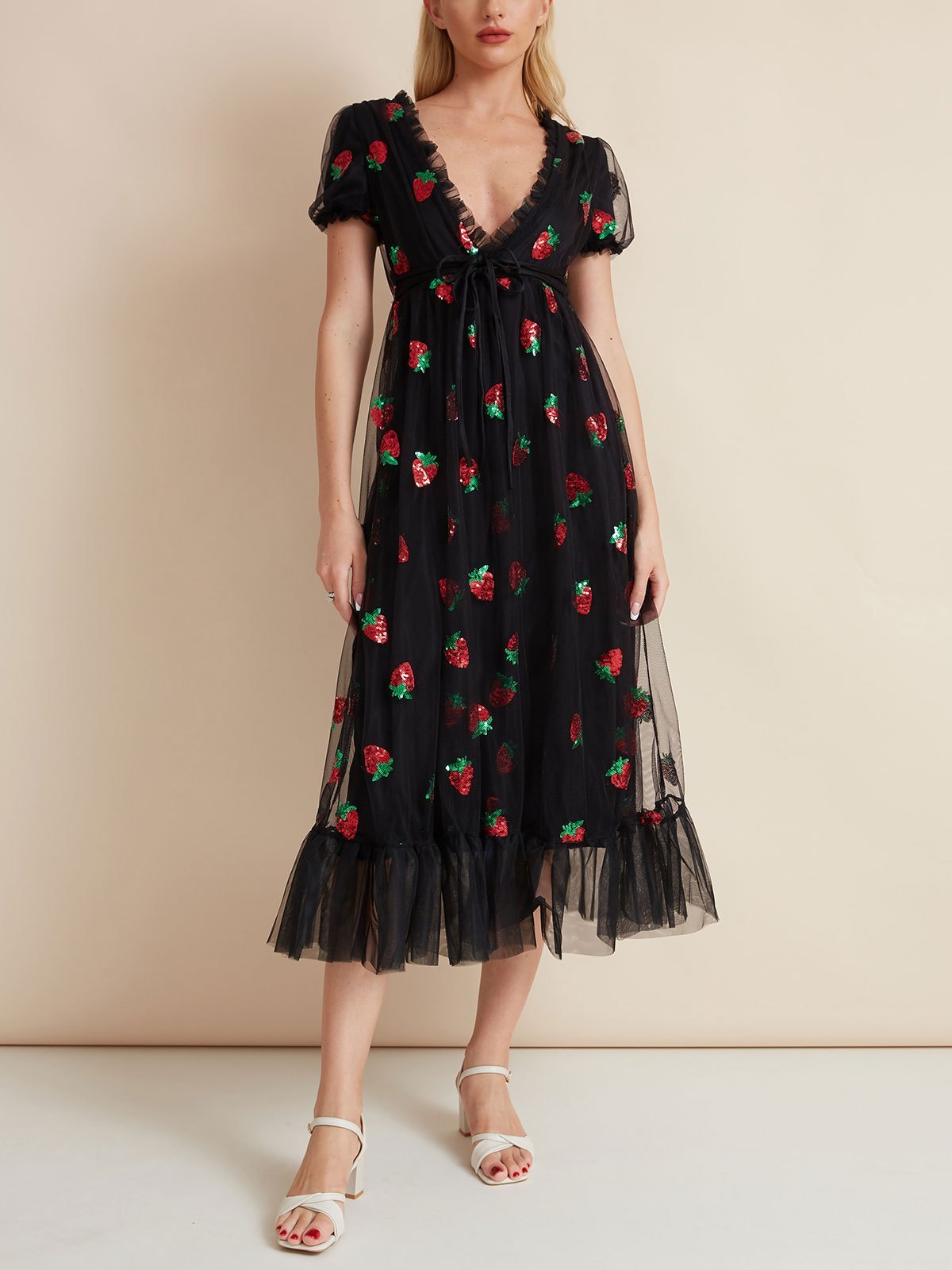 EMMIOL Sequined Strawberry Mesh Pleated Maxi Dress