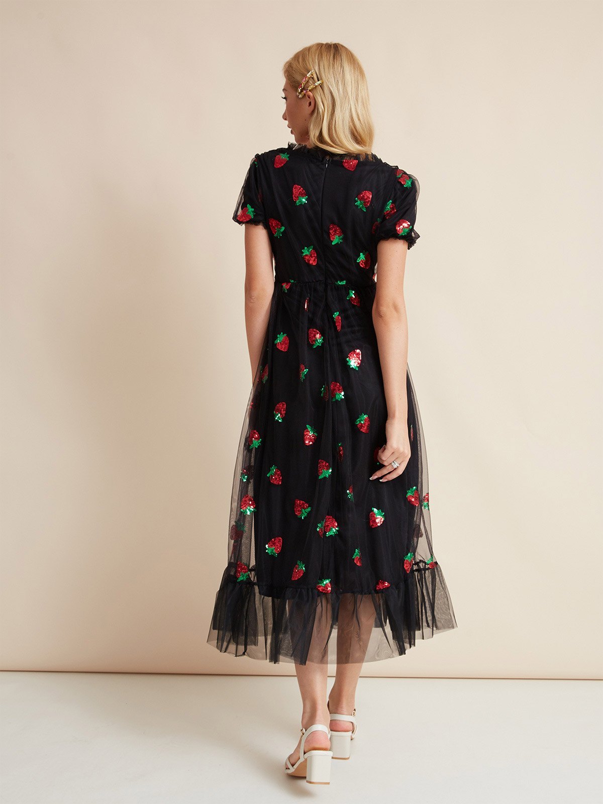 EMMIOL Sequined Strawberry Mesh Pleated Maxi Dress