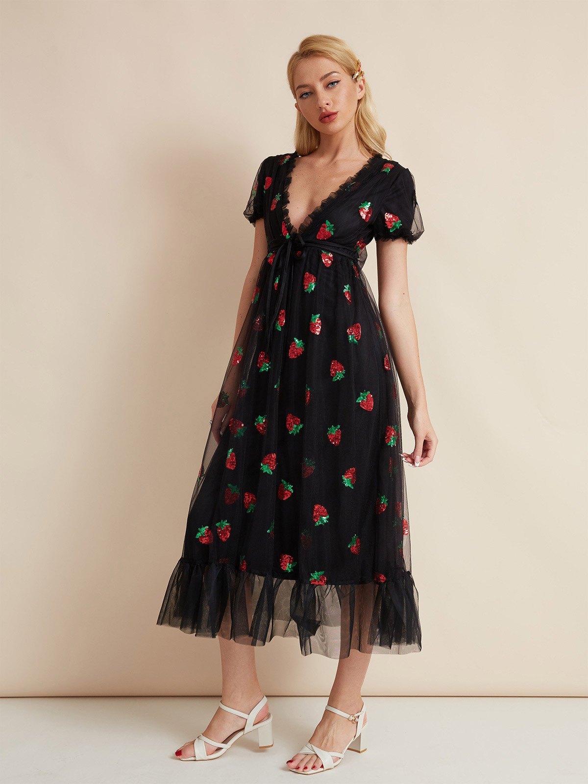 EMMIOL Sequined Strawberry Mesh Pleated Maxi Dress