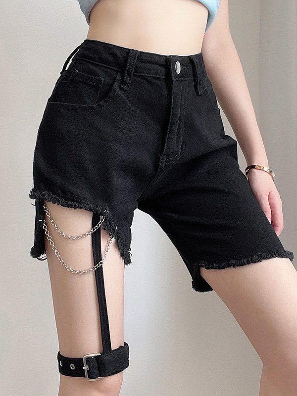 EMMIOL Buckle Strap Distressed Denim Shorts