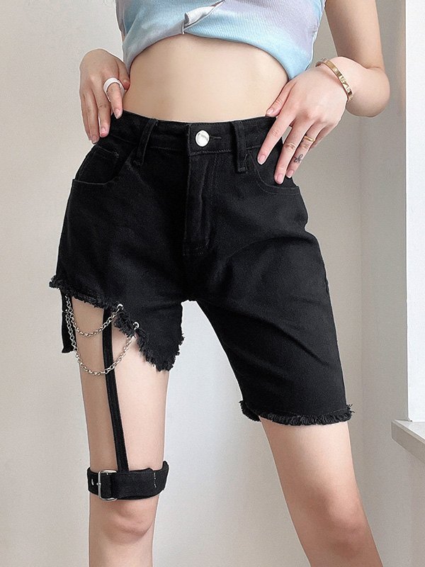 EMMIOL Buckle Strap Distressed Denim Shorts