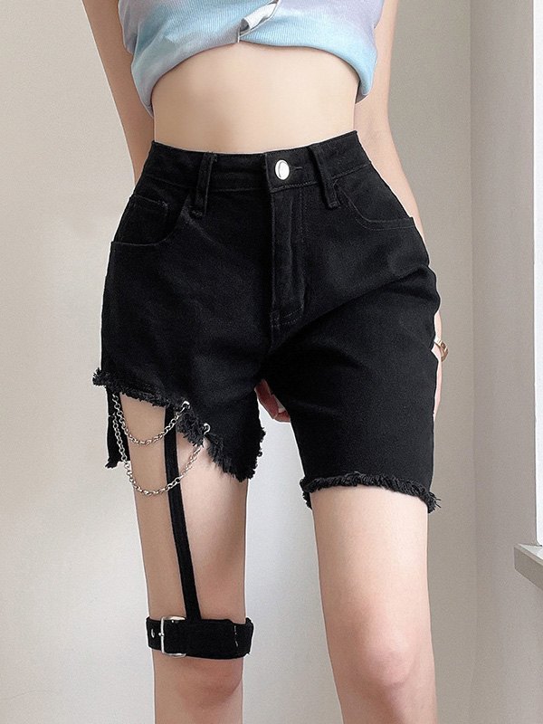 EMMIOL Buckle Strap Distressed Denim Shorts