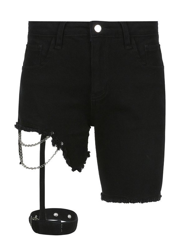 EMMIOL Buckle Strap Distressed Denim Shorts