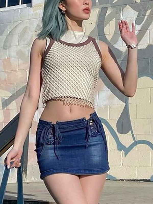 Emmiol Spedizione gratuita 2025 Minigonna di jeans con lacci Blu M