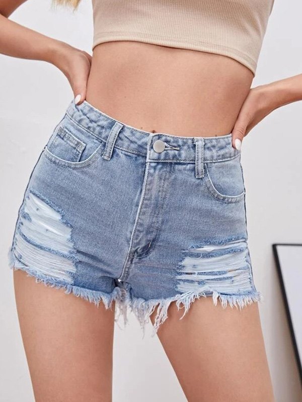 EMMIOL Light Wash Ripped Denim Shorts