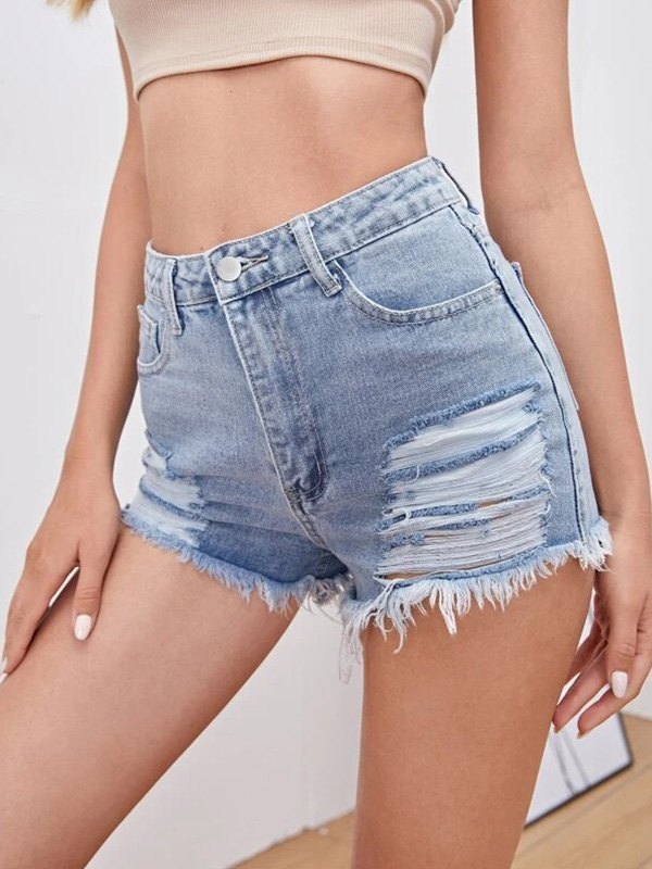 EMMIOL Light Wash Ripped Denim Shorts
