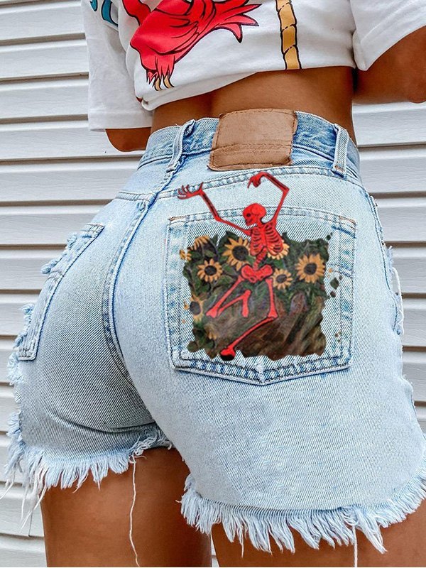 2022 Shorts di jeans strappati con teschio danzante Blu L In Pantaloncini  Jeans Online Store. Best For Sale | Emmiol.com