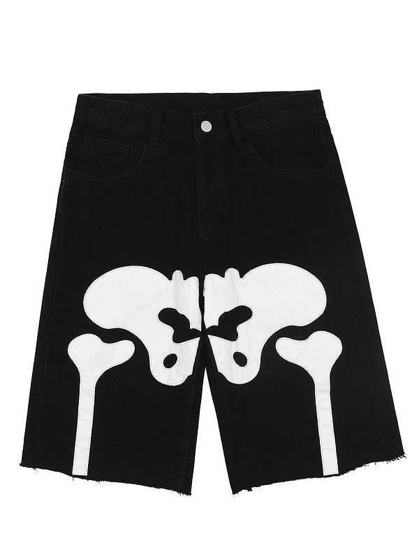 EMMIOL Shorts de mezclilla con estampado de esqueleto para hombre