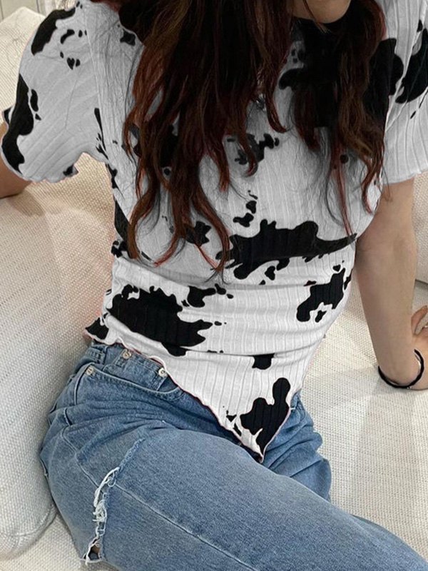 EMMIOL Top corto asimmetrico con stampa mucca