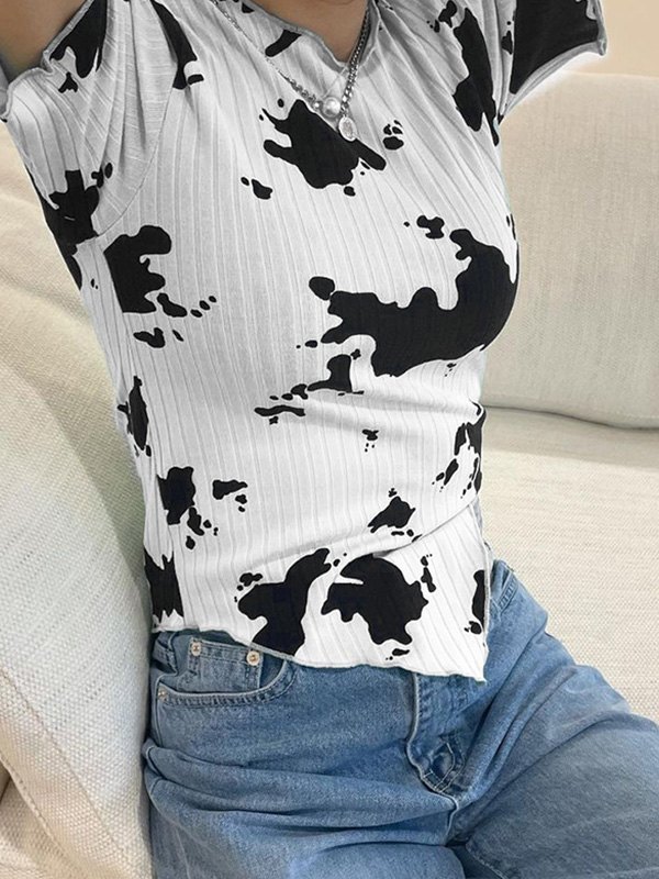 EMMIOL Top corto asimmetrico con stampa mucca