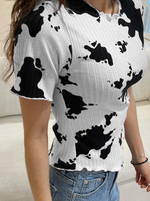 EMMIOL Top corto asimmetrico con stampa mucca