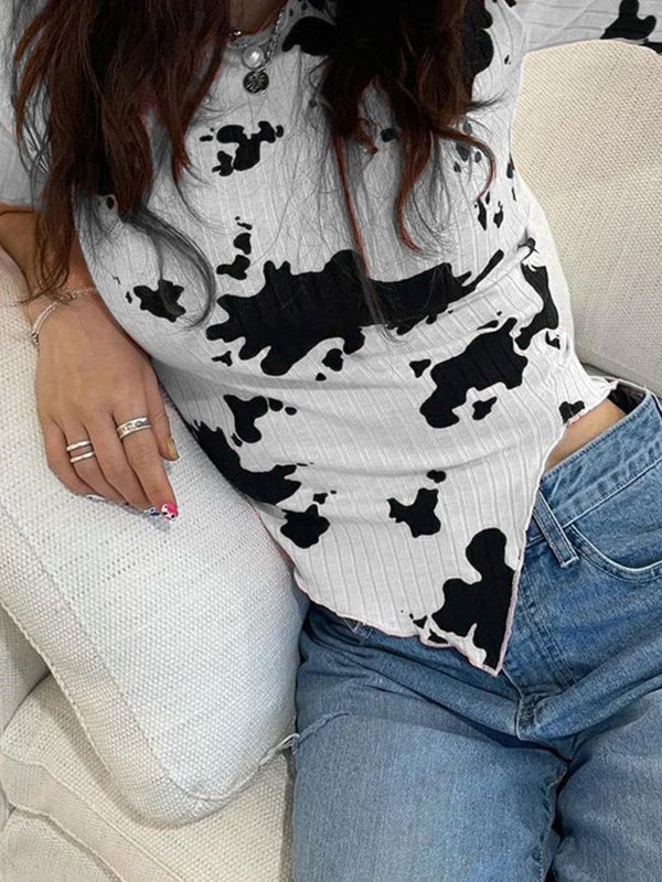 EMMIOL Top corto asimmetrico con stampa mucca