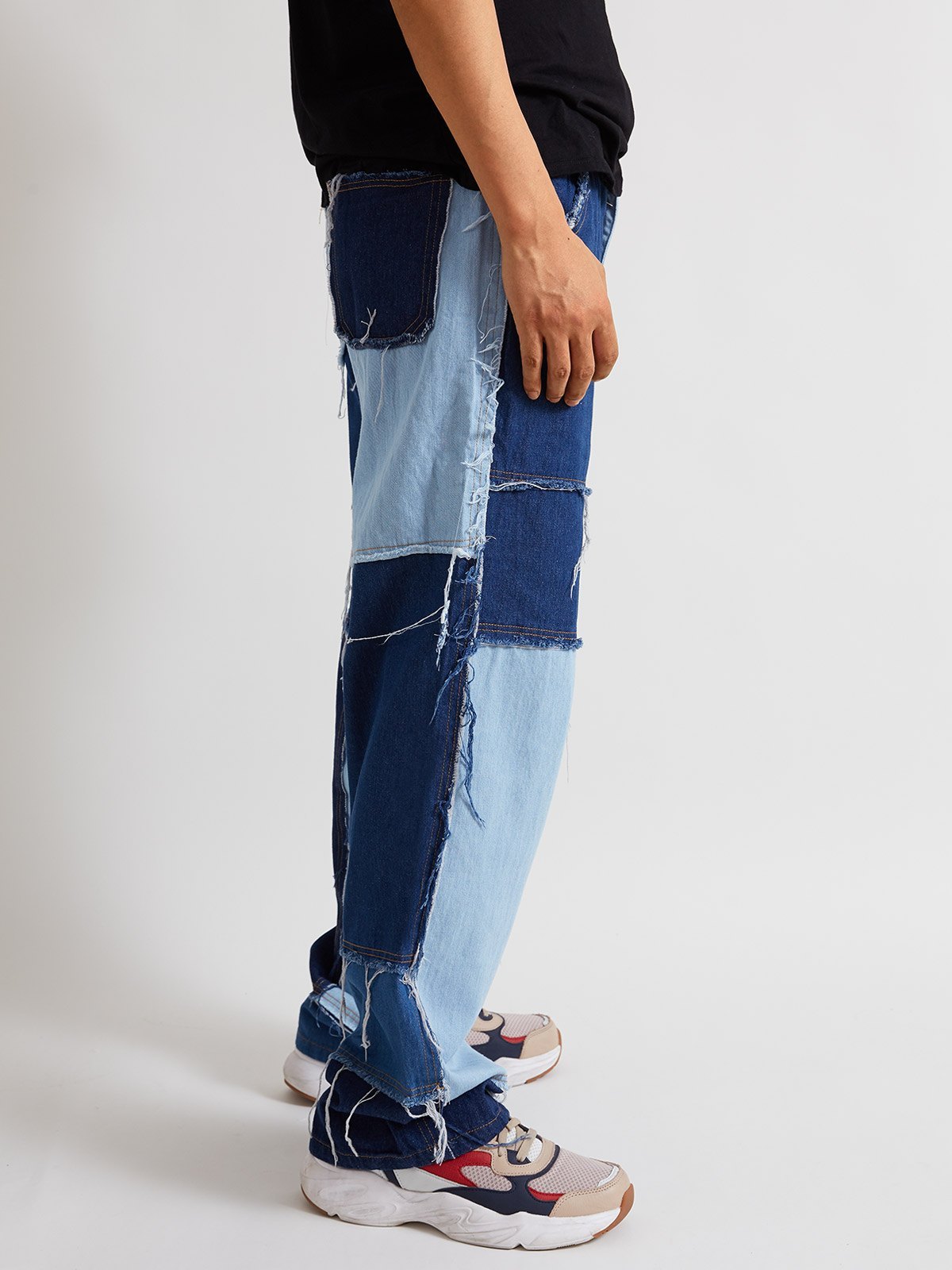 EMMIOL Jeans de skate deshilachados con patchwork para hombre