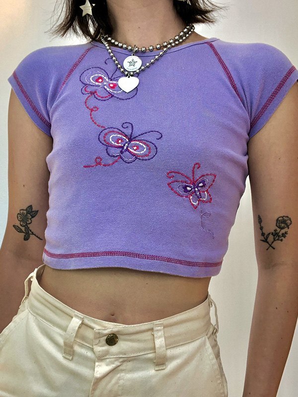 EMMIOL Butterfly Embroidered Rib Crop Top