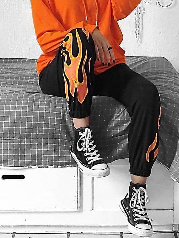 EMMIOL Pantalones deportivos con estampado de llamas