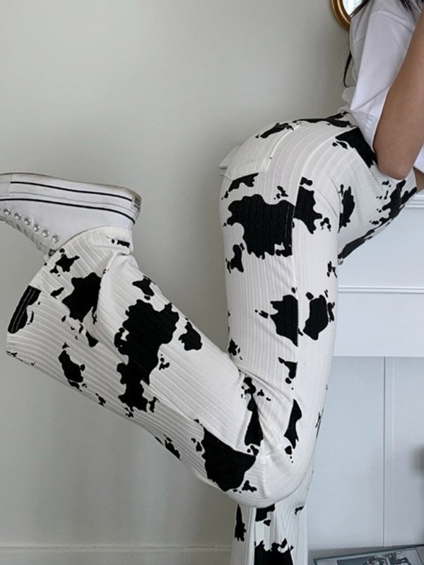 EMMIOL Pantalones acampanados de punto con estampado de vaca