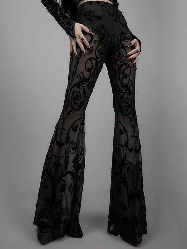 EMMIOL Sheer Mesh Printed Flare Leg Pants