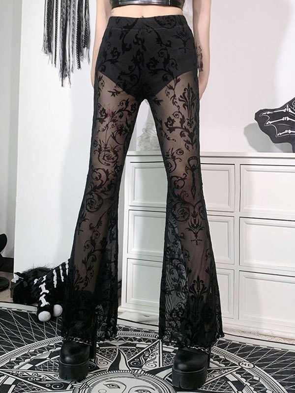 EMMIOL Sheer Mesh Printed Flare Leg Pants