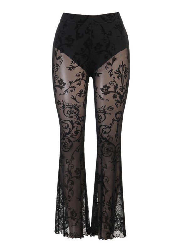 EMMIOL Sheer Mesh Printed Flare Leg Pants