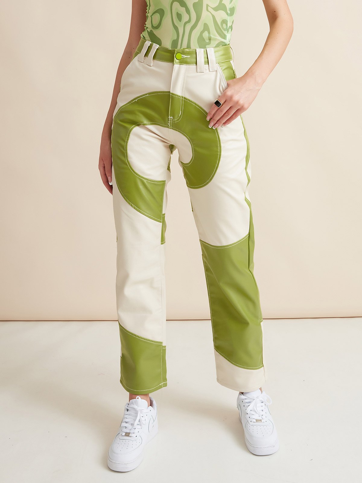 2022 Swirl Pu Leather Pants Green M In 