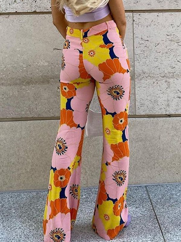 EMMIOL Pantalones acampanados con estampado floral en contraste