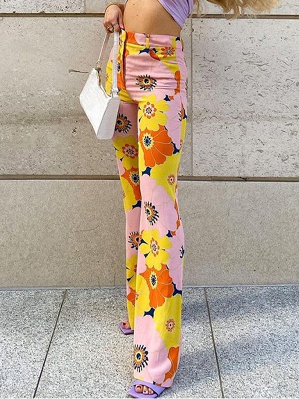 EMMIOL Pantalones acampanados con estampado floral en contraste