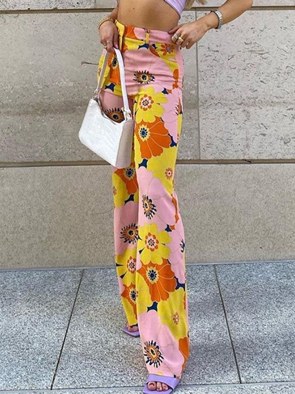 EMMIOL Pantalones acampanados con estampado floral en contraste