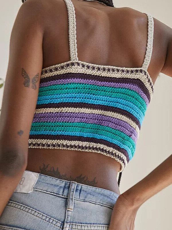 Emmiol Free shipping 2023 Crochet Knit Stripe Crop Cami Top Blue S in Tank Tops & Camis online