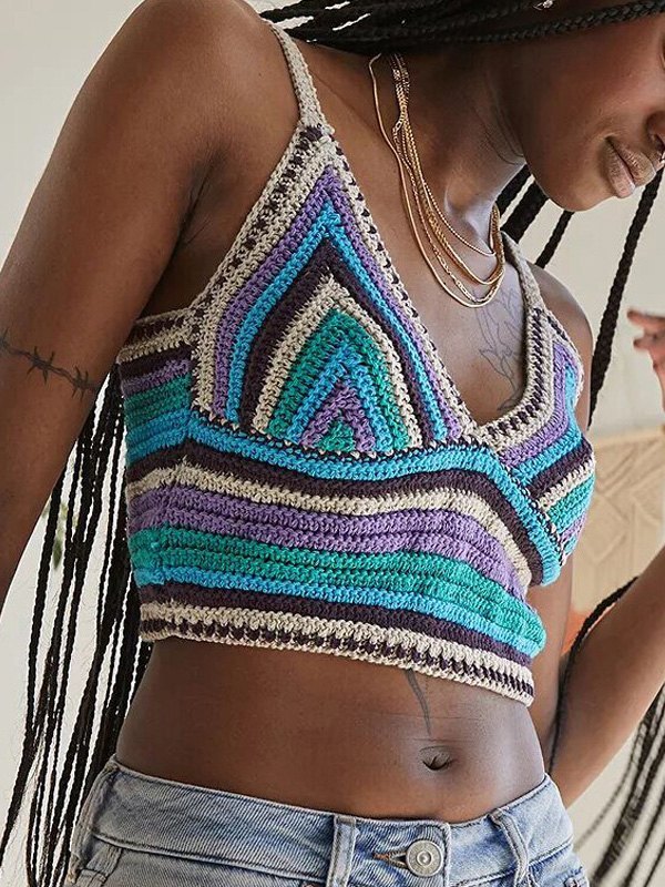 Emmiol Free shipping 2023 Crochet Knit Stripe Crop Cami Top Blue S in Tank Tops & Camis online